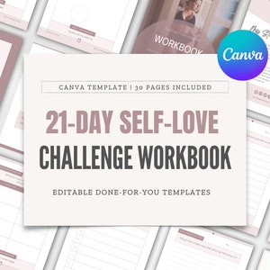Puede incluir: Un cuaderno digital rosa y blanco con el texto "21-Day Self-Love Challenge Workbook" y "Canva Template | 30 Pages Included". El cuaderno est&aacute; dise&ntilde;ado para ayudar a las personas a desarrollar el amor propio.