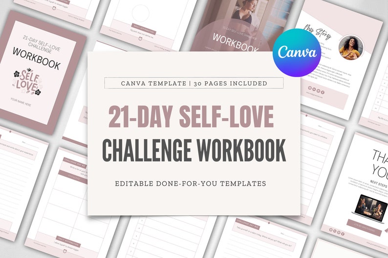 Puede incluir: Un cuaderno digital rosa y blanco con el texto "21-Day Self-Love Challenge Workbook" y "Canva Template | 30 Pages Included". El cuaderno est&aacute; dise&ntilde;ado para ayudar a las personas a desarrollar el amor propio.