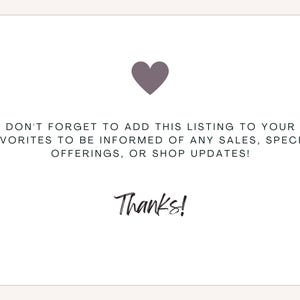 Puede incluir: Fondo blanco con un coraz&oacute;n gris. El texto dice: "&iexcl;NO OLVIDES A&Ntilde;ADIR ESTE LISTADO A TUS FAVORITOS PARA ESTAR INFORMADO DE CUALQUIER VENTA, OFERTAS ESPECIALES O ACTUALIZACIONES DE LA TIENDA!" y "&iexcl;Gracias!"