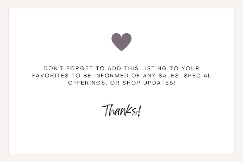 Puede incluir: Fondo blanco con un coraz&oacute;n gris. El texto dice: "&iexcl;NO OLVIDES A&Ntilde;ADIR ESTE LISTADO A TUS FAVORITOS PARA ESTAR INFORMADO DE CUALQUIER VENTA, OFERTAS ESPECIALES O ACTUALIZACIONES DE LA TIENDA!" y "&iexcl;Gracias!"