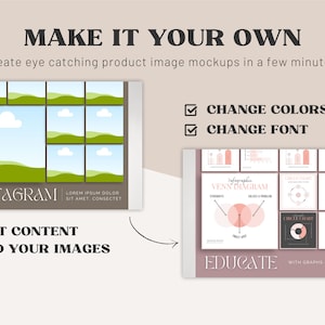 May include: A mockup template for social media posts with a green and blue landscape scene and the text "INSTAGRAM". The template can be customized with different colors, fonts, and images. The text "EDIT CONTENT" and "ADD YOUR IMAGES" are also included.