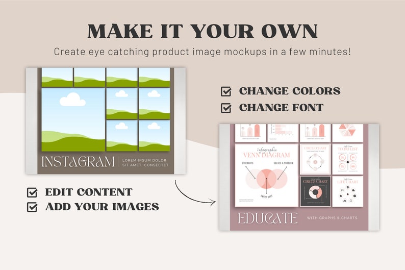 May include: A mockup template for social media posts with a green and blue landscape scene and the text "INSTAGRAM". The template can be customized with different colors, fonts, and images. The text "EDIT CONTENT" and "ADD YOUR IMAGES" are also included.