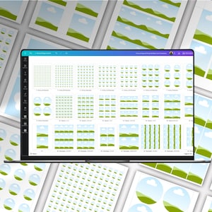 Puede incluir: Un ordenador port&aacute;til muestra una interfaz de dise&ntilde;o con varias plantillas de pegatinas. Alrededor del port&aacute;til hay hojas de pegatinas impresas con dise&ntilde;os de paisajes y burbujas. La pantalla muestra una variedad de dise&ntilde;os de pegatinas.