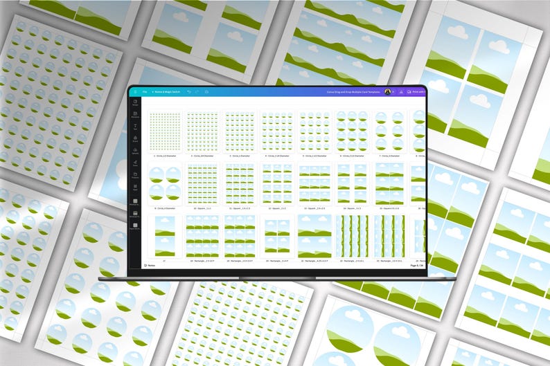 Puede incluir: Un ordenador port&aacute;til muestra una interfaz de dise&ntilde;o con varias plantillas de pegatinas. Alrededor del port&aacute;til hay hojas de pegatinas impresas con dise&ntilde;os de paisajes y burbujas. La pantalla muestra una variedad de dise&ntilde;os de pegatinas.