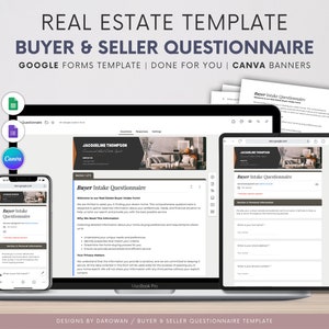 Peut inclure: Un écran d'ordinateur affichant un modèle de questionnaire d'accueil pour les acheteurs immobiliers sur Google Forms. Le modèle comprend un en-tête avec le texte "Questionnaire d'accueil pour les acheteurs" et une section pour la collecte d'informations personnelles. Le modèle est conçu pour aider les agents immobiliers à recueillir des informations sur les besoins et les préférences de leurs clients.