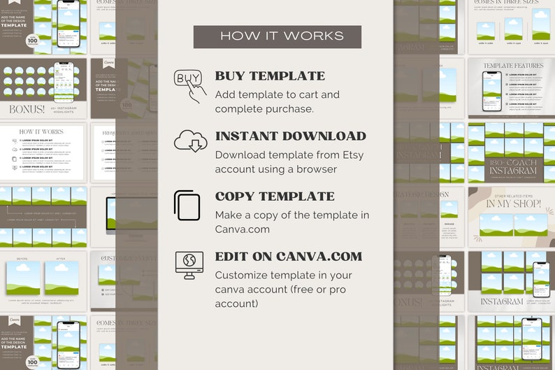 May include: How to use an Instagram template: Buy the template, download it, copy it to Canva, and edit it. The image shows a collage of Instagram posts with a green and blue landscape design.