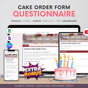 Bon de commande de gâteaux Google Sheets | de Questionnaire client pour boulangerie | Formulaire d'admission numérique modifiable