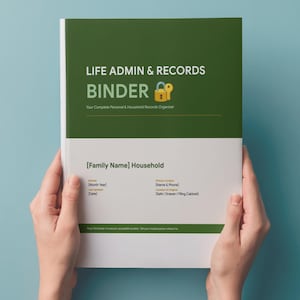 May include: A white and green binder titled "LIFE ADMIN & RECORDS BINDER" with a lock icon. The binder is designed for personal and household records organization. The cover includes space for family name and contact information.