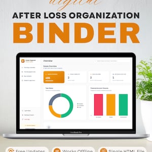 Könnte beinhalten: Ein MacBook Pro zeigt eine digitale "AFTER LOSS ORGANIZATION BINDER"-Oberfläche. Der Bildschirm zeigt eine Nachlassübersicht mit Fortschrittsanzeigen, Aufgabenstatus und Finanzkontenabschlüssen. Das Design enthält den Text "Free Updates", "Works Offline" und "Single HTML File".