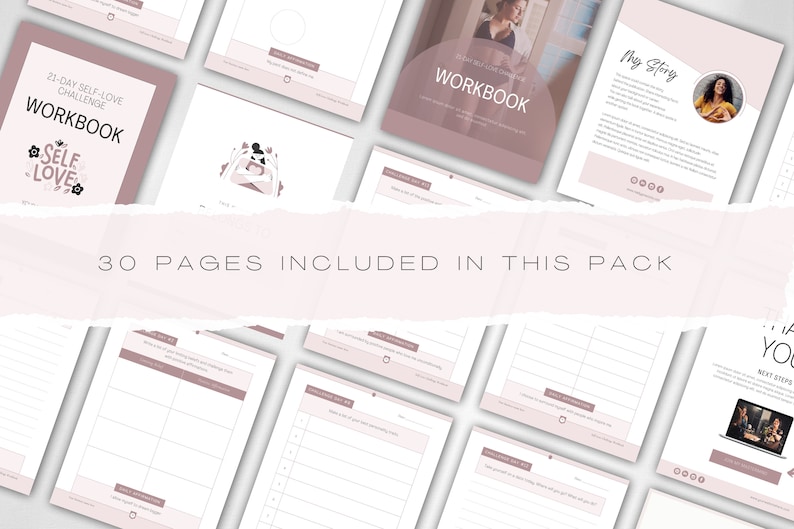 Puede incluir: Un cuaderno de trabajo de 30 p&aacute;ginas para un desaf&iacute;o de 21 d&iacute;as sobre el amor propio. El cuaderno tiene una portada rosa con el texto "21-Day Self-Love Challenge Workbook" y un gr&aacute;fico de un coraz&oacute;n con la palabra "Self Love" dentro.