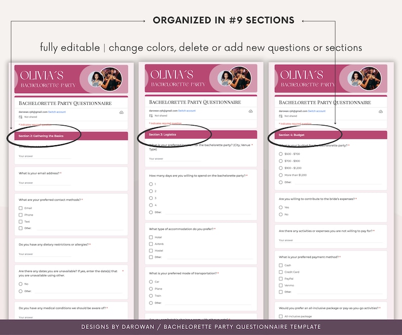 Peut inclure: Un mod&egrave;le de questionnaire de f&ecirc;te de bachelorette imprimable avec un sch&eacute;ma de couleurs rose et blanc. Le mod&egrave;le est organis&eacute; en neuf sections, notamment la collecte des informations de base, la logistique, le budget et les activit&eacute;s. Le mod&egrave;le est enti&egrave;rement modifiable et peut &ecirc;tre personnalis&eacute; avec diff&eacute;rentes couleurs, questions et sections.