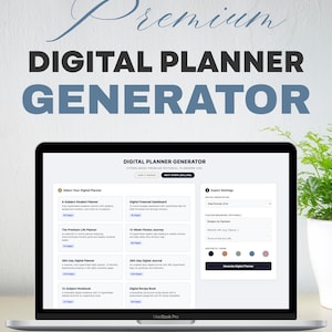 Puede incluir: Un ordenador portátil MacBook Pro muestra una interfaz de generador de planificador digital. La pantalla muestra opciones para varios planificadores digitales, incluyendo diarios de estudiantes y financieros. El texto "Premium DIGITAL PLANNER GENERATOR" está en la parte superior.