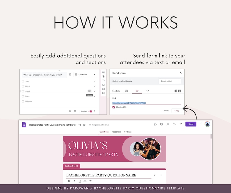 Peut inclure: Une capture d'&eacute;cran d'un &eacute;cran d'ordinateur montrant un site Web pour cr&eacute;er des formulaires en ligne. Le site Web s'appelle "Bachelorette Party Questionnaire Template". Le formulaire est intitul&eacute; "Olivia's Bachelorette Party" et a un fond rose avec une photo d'une femme dans un bar. Le formulaire a une section pour les questions et les r&eacute;ponses. Le site Web a &eacute;galement une section pour envoyer le lien du formulaire aux participants par SMS ou par e-mail.
