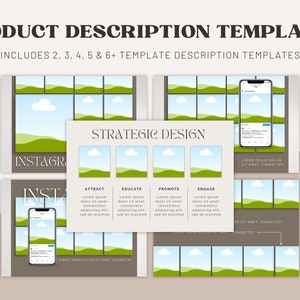 May include: A set of Instagram post templates with a green and blue landscape design. The templates include sections for attracting, educating, promoting, and engaging with customers. The text "Strategic Design" is featured on the template.
