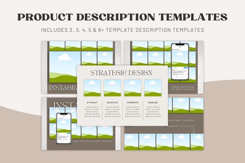 May include: A set of Instagram post templates with a green and blue landscape design. The templates include sections for attracting, educating, promoting, and engaging with customers. The text "Strategic Design" is featured on the template.