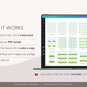 Puede incluir: Una pantalla de port&aacute;til muestra una plantilla de maqueta de Canva con varias opciones de dise&ntilde;o. La imagen incluye instrucciones: Descargar el recibo PDF, hacer clic en el enlace de Canva, arrastrar im&aacute;genes e imprimir. Tambi&eacute;n se incluye un tutorial de YouTube. El texto dice "C&oacute;mo funciona".
