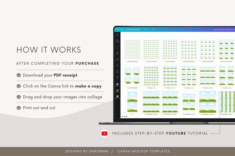 Puede incluir: Una pantalla de port&aacute;til muestra una plantilla de maqueta de Canva con varias opciones de dise&ntilde;o. La imagen incluye instrucciones: Descargar el recibo PDF, hacer clic en el enlace de Canva, arrastrar im&aacute;genes e imprimir. Tambi&eacute;n se incluye un tutorial de YouTube. El texto dice "C&oacute;mo funciona".
