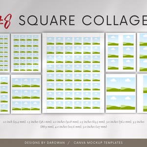 Puede incluir: Una colecci&oacute;n de plantillas de collage cuadradas con varios dise&ntilde;os. La imagen incluye el texto "#8 SQUARE COLLAGES" y medidas en mm y pulgadas. Las plantillas presentan im&aacute;genes de paisajes con cielos azules y campos verdes. La parte inferior de la imagen incluye el texto "DESIGNS BY DAROWAN / CANVA MOCKUP TEMPLATES".