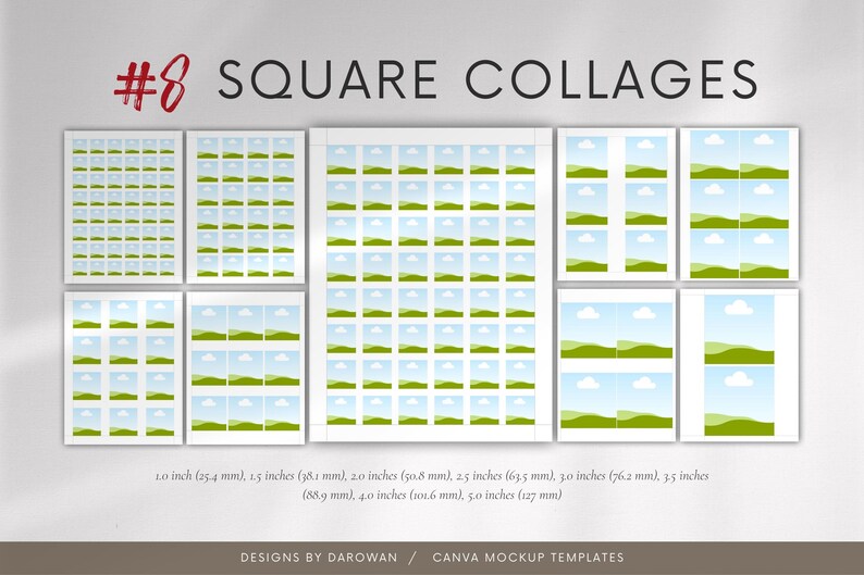 Puede incluir: Una colecci&oacute;n de plantillas de collage cuadradas con varios dise&ntilde;os. La imagen incluye el texto "#8 SQUARE COLLAGES" y medidas en mm y pulgadas. Las plantillas presentan im&aacute;genes de paisajes con cielos azules y campos verdes. La parte inferior de la imagen incluye el texto "DESIGNS BY DAROWAN / CANVA MOCKUP TEMPLATES".