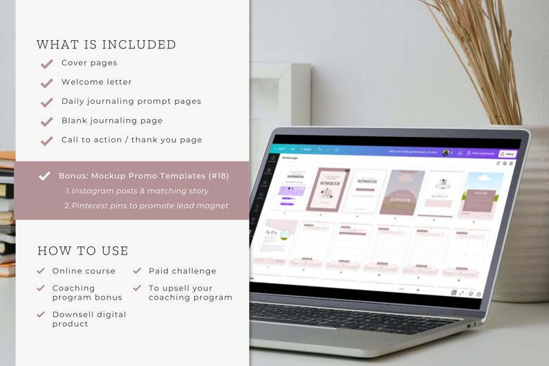 Puede incluir: Una pantalla de computadora port&aacute;til que muestra una maqueta de un diario digital con un esquema de color rosa y blanco. El diario incluye p&aacute;ginas de portada, una carta de bienvenida, indicaciones diarias para escribir en el diario, p&aacute;ginas en blanco y una llamada a la acci&oacute;n. El texto en la pantalla dice "Mockup Promo Templates (#18)".