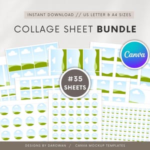May include: A collage sheet bundle with various designs, including landscape and circular elements. The image features the text "COLLAGE SHEET BUNDLE," "#35 SHEETS," and the Canva logo. The sheets are available in US Letter and A4 sizes.