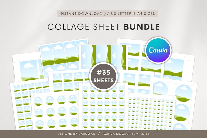 Puede incluir: Un paquete de hojas de collage con varios dise&ntilde;os, incluyendo elementos de paisaje y circulares. La imagen presenta el texto "COLLAGE SHEET BUNDLE", "#35 SHEETS" y el logotipo de Canva. Disponible en tama&ntilde;os US Letter y A4.