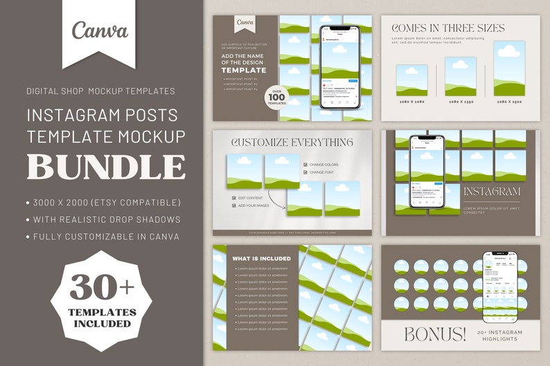May include: A digital product bundle of 30+ customizable Instagram post templates featuring a green and blue landscape design. The templates are 3000 x 2000 pixels and come in three sizes. The bundle includes 20 Instagram highlight covers.  The text "Instagram Posts Template Mockup Bundle" is displayed in large, bold letters.