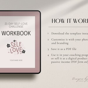 Puede incluir: Un cuaderno digital rosa y blanco con el texto "21-Day Self-Love Challenge Workbook" y una ilustraci&oacute;n floral de la palabra "Self Love". El texto "How It Works" se enumera con cuatro pasos: descargar la plantilla, personalizarla con fotos y marca, guardarla como un archivo PDF y usarla en un programa de coaching o venderla como un producto digital para ingresos pasivos.