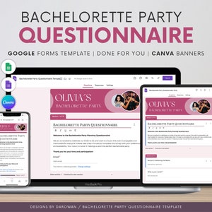 May include: A computer screen displaying a Google Forms template for a bachelorette party questionnaire. The template is pink and white with the text "Olivia's Bachelorette Party" at the top. The form includes questions about the bride's preferences for the party, such as the date, time, and location. The form also includes a section for guests to RSVP.