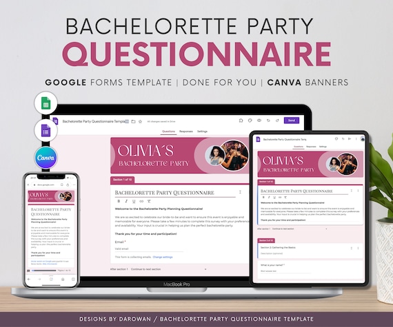 Bachelorette Party Questionnaire Template: Google Forms & Canva Banners (Digital Download)