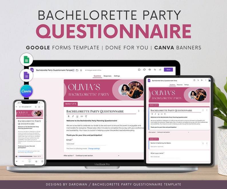 Peut inclure: Un &eacute;cran d'ordinateur affichant un mod&egrave;le de formulaire Google pour un questionnaire de f&ecirc;te de bachelorette. Le mod&egrave;le est rose et blanc avec le texte "Olivia's Bachelorette Party" en haut. Le formulaire comprend des questions sur les pr&eacute;f&eacute;rences de la mari&eacute;e pour la f&ecirc;te, telles que la date, l'heure et le lieu. Le formulaire comprend &eacute;galement une section pour que les invit&eacute;s puissent r&eacute;pondre &agrave; l'invitation.