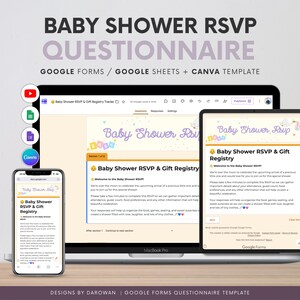 Puede incluir: Una plantilla digital de cuestionario de RSVP y registro de regalos para baby shower mostrada en una computadora portátil, tableta y teléfono inteligente. La interfaz presenta colores claros, iconos de bebé y campos de texto.
