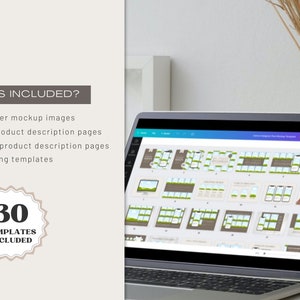 May include: A laptop computer screen displaying a mockup of 30 social media templates for marketing. The text "WHAT IS INCLUDED?" and a checklist of features are visible on the left side of the image. A circle with the text "30 TEMPLATES INCLUDED" is visible in the lower left corner of the image.