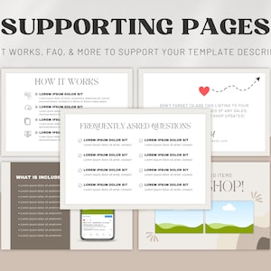 May include: A set of four slides with information about a product or service. The slides include sections titled "How It Works", "Frequently Asked Questions", "What Is Included", and "Featured Items". The slides are designed in a minimalist style with a beige background and black text.