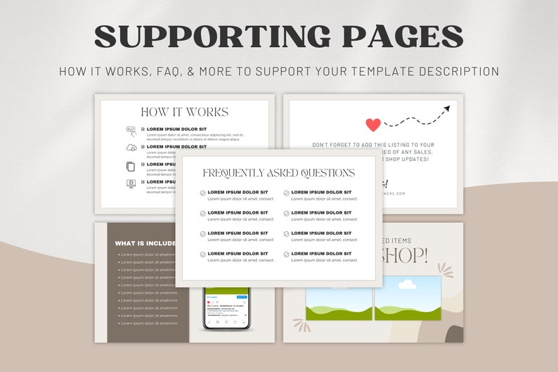May include: A set of four slides with information about a product or service. The slides include sections titled "How It Works", "Frequently Asked Questions", "What Is Included", and "Featured Items". The slides are designed in a minimalist style with a beige background and black text.