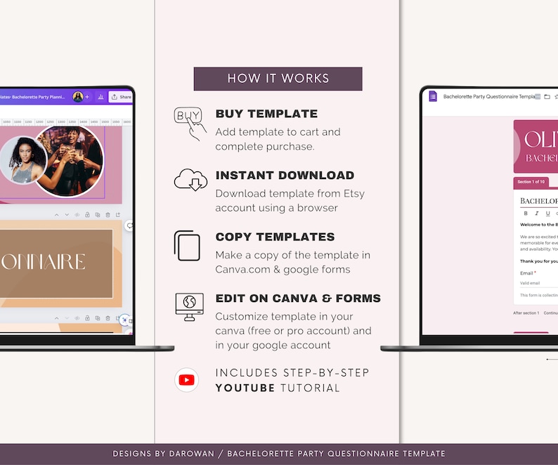 Peut inclure: Une illustration num&eacute;rique montrant comment utiliser un mod&egrave;le de questionnaire de f&ecirc;te de bachelorette. Les &eacute;tapes comprennent l'achat du mod&egrave;le, son t&eacute;l&eacute;chargement, sa copie sur Canva ou Google Forms et sa modification. L'illustration comprend &eacute;galement un bouton de lecture pour un tutoriel YouTube.
