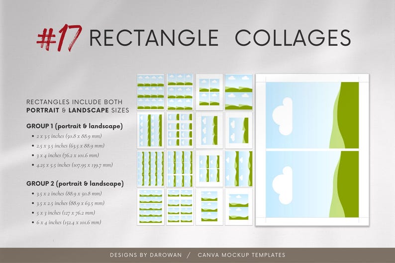 Puede incluir: Imagen de "#17 RECTANGLE COLLAGES" con dise&ntilde;os rectangulares en orientaci&oacute;n vertical y horizontal. Incluye dimensiones en pulgadas y mil&iacute;metros, como 2 x 3.5 pulgadas (90.8 x 88.9 mm) y 3 x 4 pulgadas (76.2 x 101.6 mm).