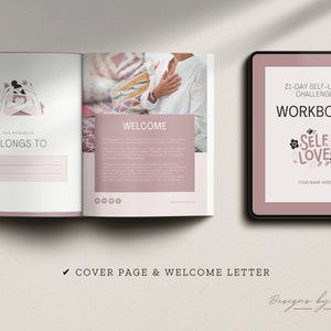 Puede incluir: Un cuaderno de trabajo rosa y blanco con el texto "21-Day Self-Love Challenge Workbook" y una ilustraci&oacute;n floral de las palabras "Self Love". La p&aacute;gina de portada tiene un espacio para que el usuario escriba su nombre.