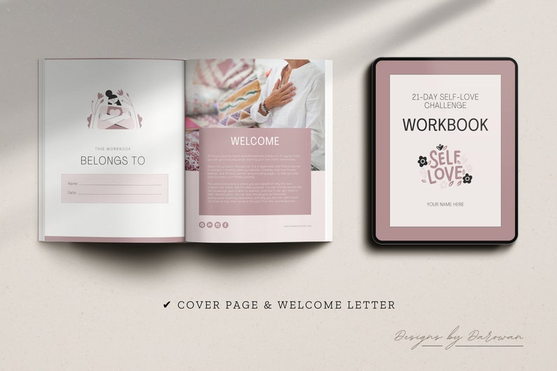 Puede incluir: Un cuaderno de trabajo rosa y blanco con el texto "21-Day Self-Love Challenge Workbook" y una ilustraci&oacute;n floral de las palabras "Self Love". La p&aacute;gina de portada tiene un espacio para que el usuario escriba su nombre.