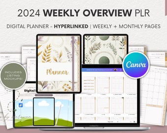 Digital Weekly Planner 2024 PLR | Hyperlinked Digital Planner Template | Canva Template Commercial License | PLR Digital Product