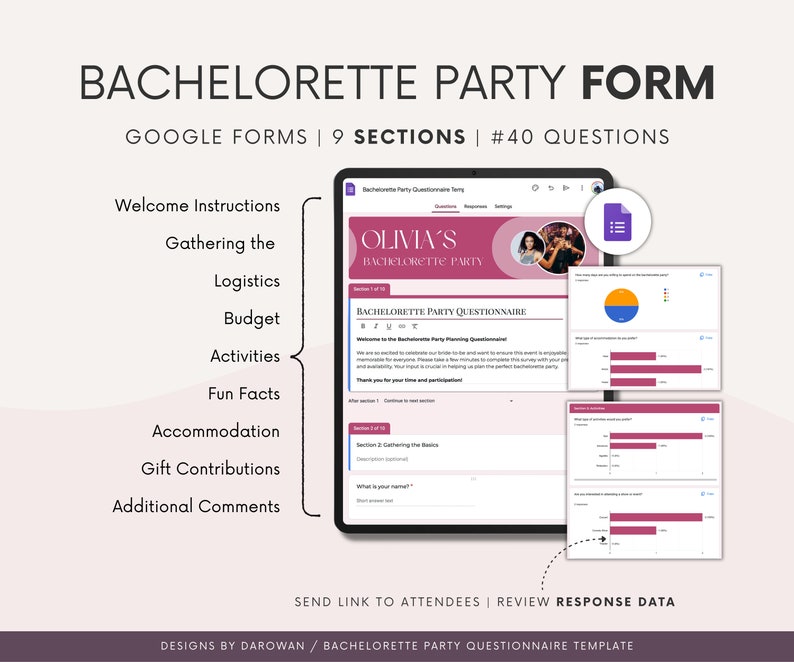 Peut inclure: Une capture d'&eacute;cran d'un mod&egrave;le de questionnaire Google Forms pour un enterrement de vie de jeune fille. Le mod&egrave;le est intitul&eacute; "Olivia's Bachelorette Party" et comprend des sections pour recueillir des informations sur les participants, la logistique, le budget, les activit&eacute;s, des anecdotes amusantes, l'h&eacute;bergement, les contributions de cadeaux et des commentaires suppl&eacute;mentaires. Le mod&egrave;le comprend &eacute;galement une section pour examiner les donn&eacute;es de r&eacute;ponse.