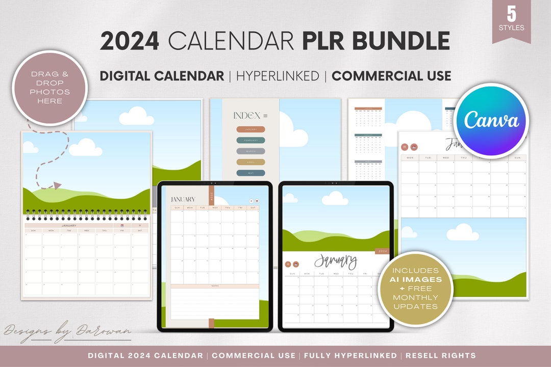 PLR Digital Calendar BUNDLE Hyperlinked 2024 Digital Calendars Canva