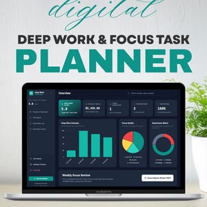 May include: A MacBook Pro showing a digital planner interface. The screen displays data visualizations, charts, and the text "DEEP WORK & FOCUS TASK PLANNER." The laptop is on a desk with a plant in a white pot. The text "Free Updates," "Works Offline," and "Single HTML File" are also visible.