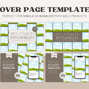 May include: A digital product mockup featuring a set of 180+ Instagram post templates for coaches. The templates feature a green and blue color scheme with a repeating pattern of hills and clouds. The text "180+ COACH INSTAGRAM" is displayed on the top of the mockup.