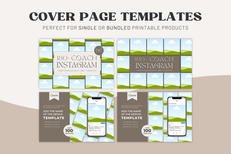 May include: A digital product mockup featuring a set of 180+ Instagram post templates for coaches. The templates feature a green and blue color scheme with a repeating pattern of hills and clouds. The text "180+ COACH INSTAGRAM" is displayed on the top of the mockup.