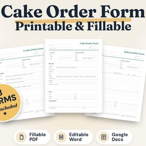 Op de afbeelding: Drie witte printbare en invulbare bestelformulieren voor een bakkerij. De documenten zijn getiteld Cake Order Form, Cookie Order Form en Bakery Order Form. Een gele cirkelvormige badge vermeldt 3 FORMS all included.