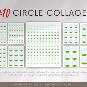 Puede incluir: Una colecci&oacute;n de collages circulares con dise&ntilde;os verdes y azules, etiquetados como "#10 Circle Collages". La imagen incluye varios tama&ntilde;os, desde 12,7 mm hasta 101,6 mm, y es una plantilla de maqueta de Canva.