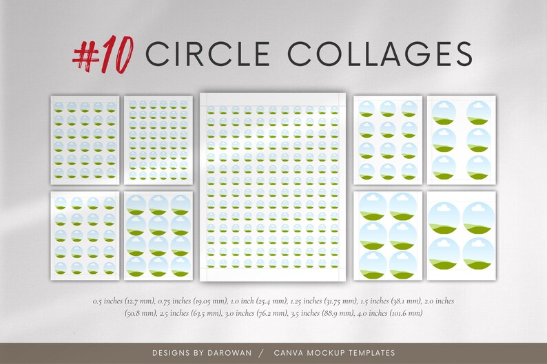 Puede incluir: Una colecci&oacute;n de collages circulares con dise&ntilde;os verdes y azules, etiquetados como "#10 Circle Collages". La imagen incluye varios tama&ntilde;os, desde 12,7 mm hasta 101,6 mm, y es una plantilla de maqueta de Canva.