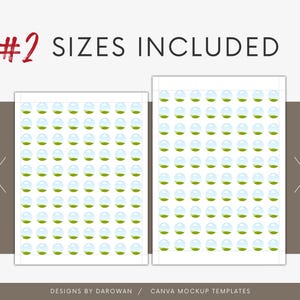 Puede incluir: Imagen que muestra dos tama&ntilde;os de papel, US Letter y A4, con un patr&oacute;n repetitivo de dise&ntilde;os azules y verdes. El texto "#2 SIZES INCLUDED" est&aacute; en la parte superior. La parte inferior de la imagen incluye el texto "DESIGNS BY DAROWAN / CANVA MOCKUP TEMPLATES."