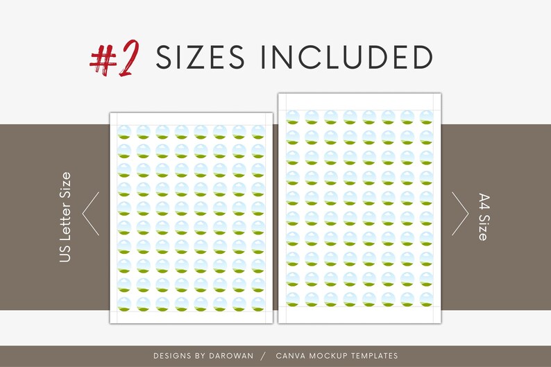 Puede incluir: Imagen que muestra dos tama&ntilde;os de papel, US Letter y A4, con un patr&oacute;n repetitivo de dise&ntilde;os azules y verdes. El texto "#2 SIZES INCLUDED" est&aacute; en la parte superior. La parte inferior de la imagen incluye el texto "DESIGNS BY DAROWAN / CANVA MOCKUP TEMPLATES."